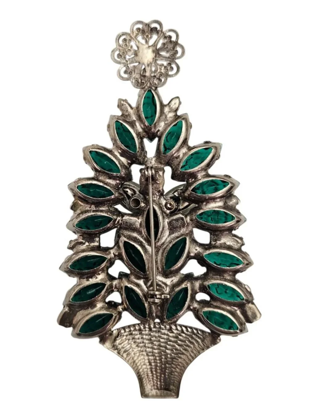 Green Rhinestone Christmas Tree Brooch Vintage Pin J841